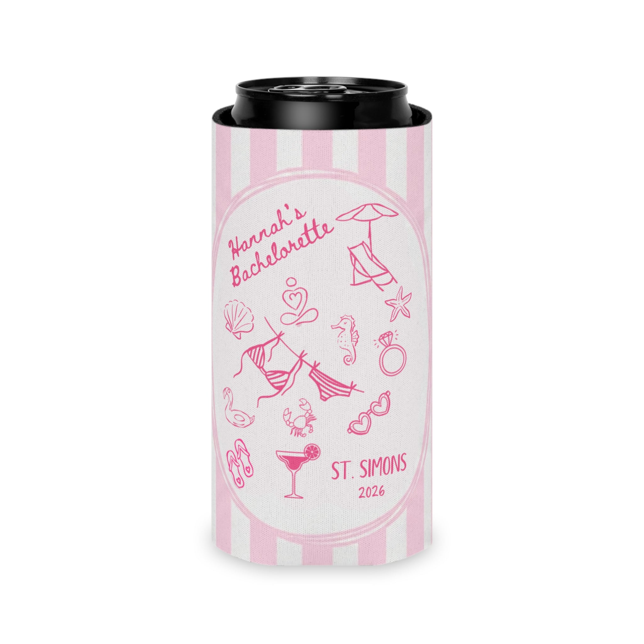 Can Cooler — Personalized Pink Bachelorette Party Koozie (St. Simons 2026)