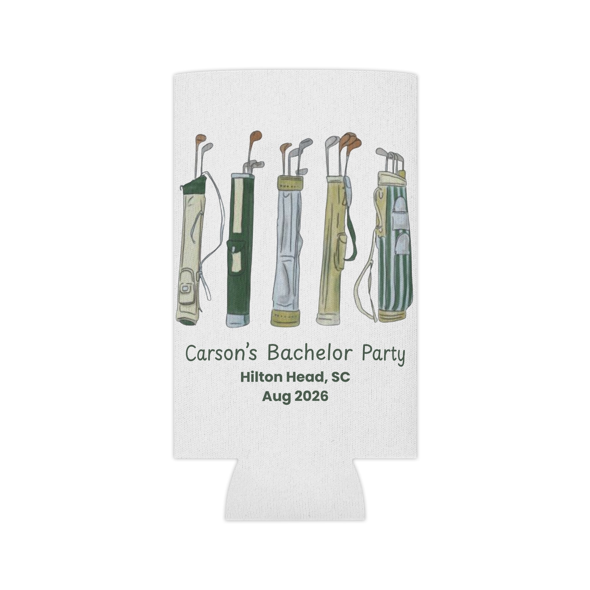 Can Cooler — Personalized Golf Bag Bachelor Party Koozie (Custom Text: Carson’s Bachelor Party, Hilton Head, Aug 2026)